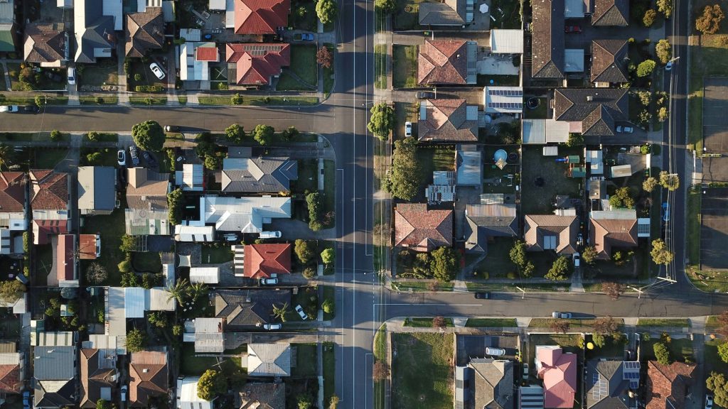 Aerial view of suburban Australian neighbourhood showing residential homes