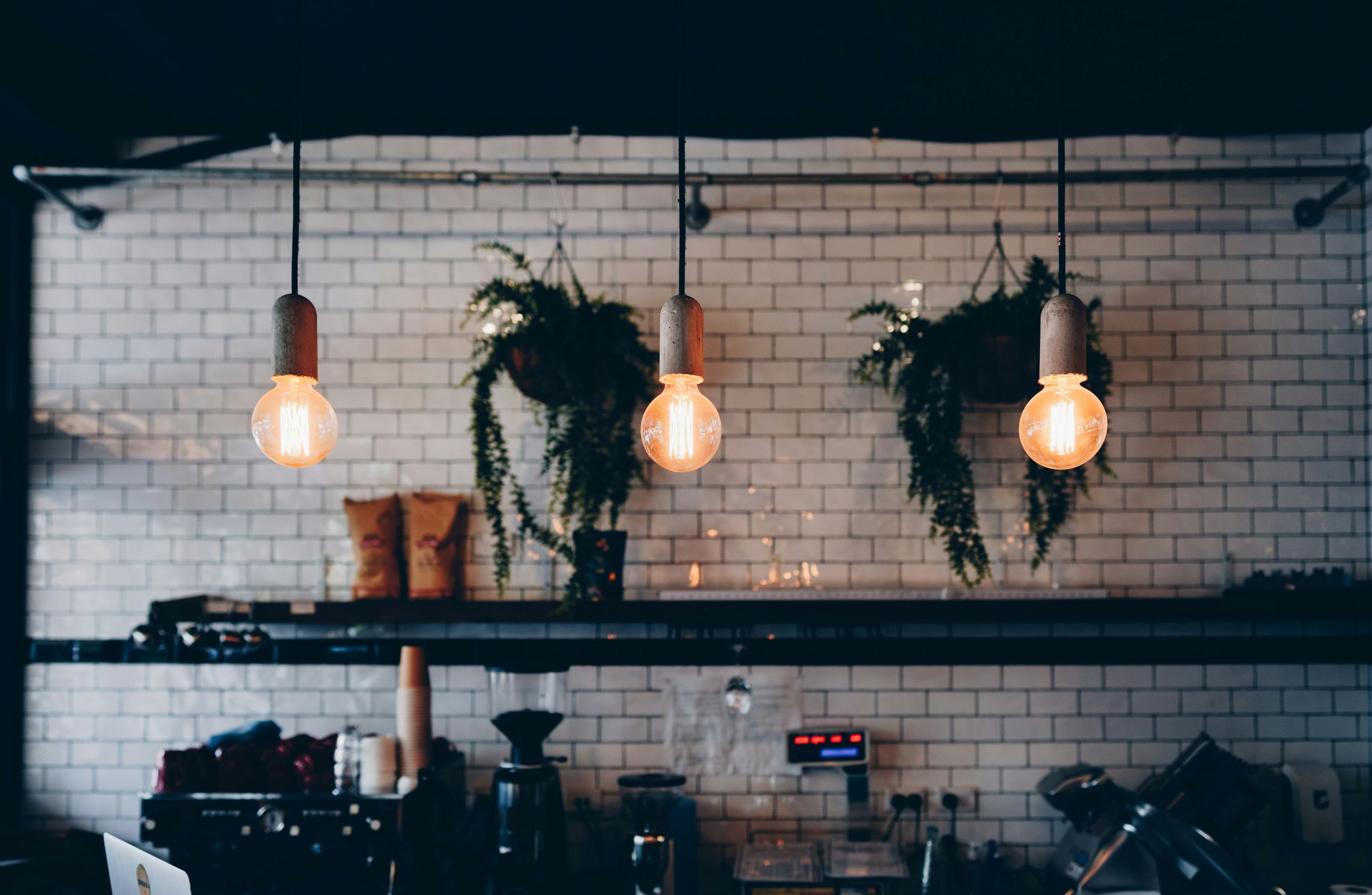 Cafe interior with hanging light bulbs, coffee beans on shelves and coffee machine in background representing small business owner